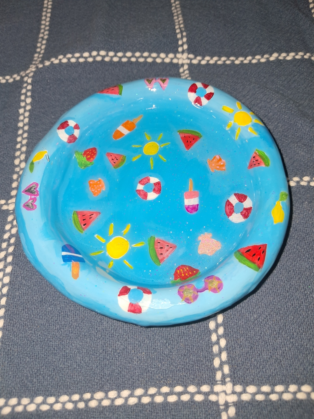 Hand-Painted Blue Trinket Dish with Summer Motifs